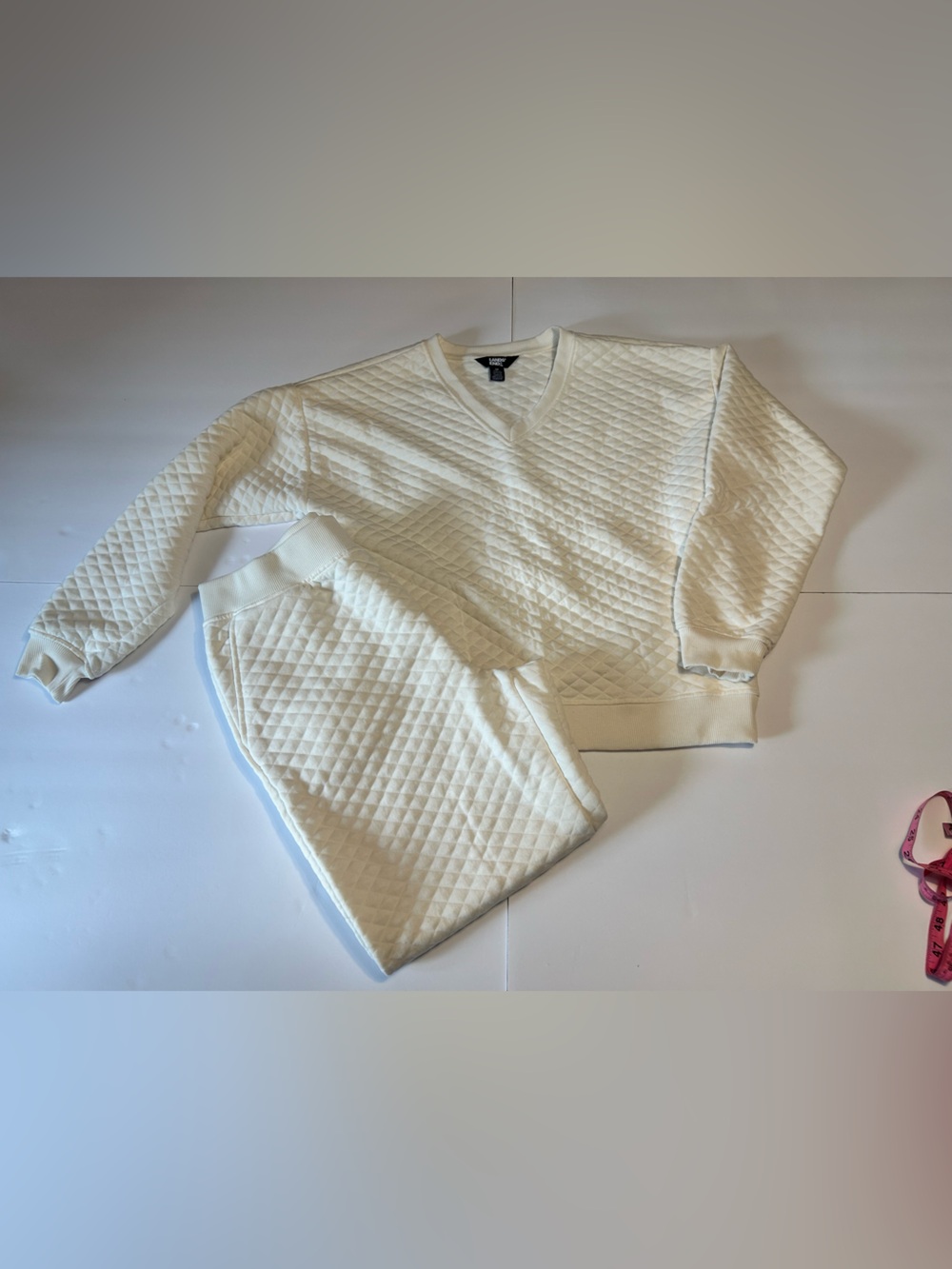 Lands' End Ivory Quilted V-Neck Track Jogger Set